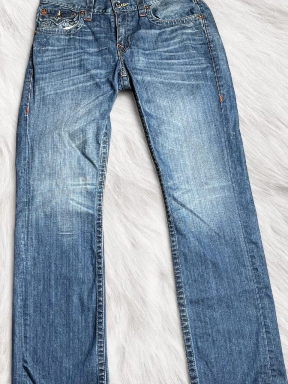 True Religion Men's Straight Jeans in Faded Blue Denim
